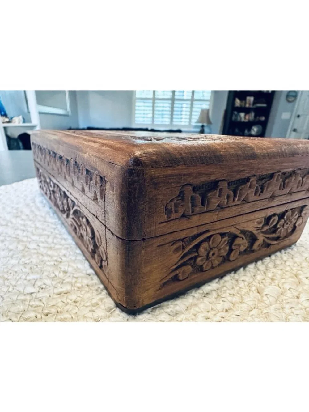 Vintage Carved Wooden Trinket Box Made in India Hinged Lined with Brass Inlay 8”